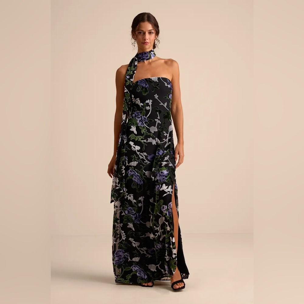 Corelia Black Floral Velvet Burnout Strapless Sash Maxi Dress